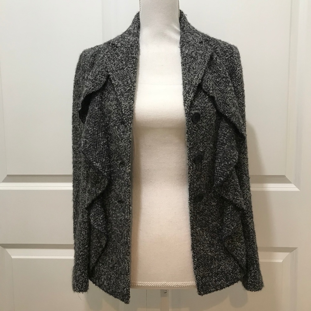 Armani Collezioni Gray Cardigan Sweater Jacket with Ruffles and Notch Collar